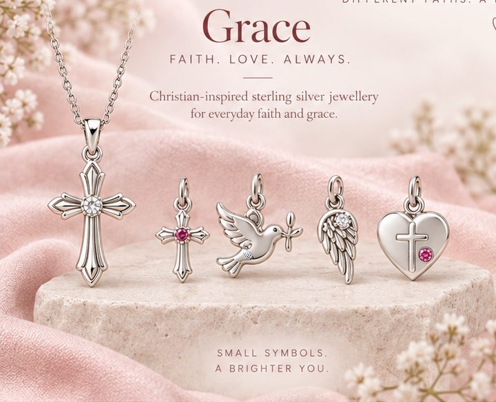 Grace collection – sterling silver cross, dove, wing and heart designs