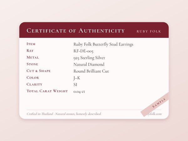 Sample certificate of authenticity card for the Ruby Folk Butterfly Stud Earrings