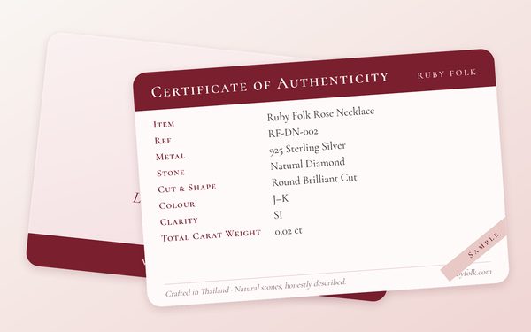 Sample Ruby Folk certificate of authenticity card, front and back