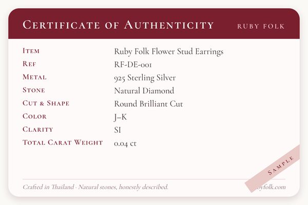 Sample certificate of authenticity card for the Flower Stud Earrings