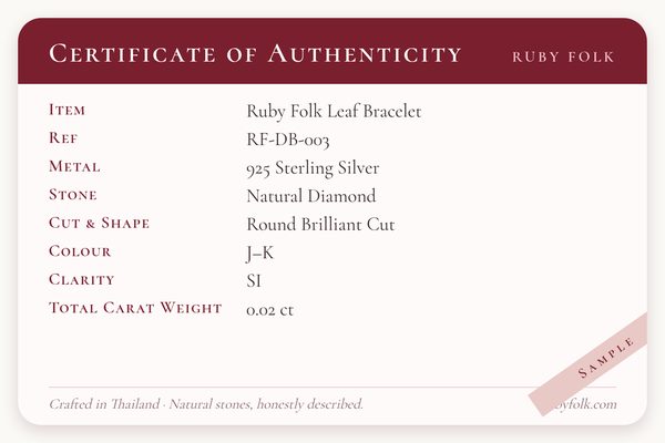 Sample certificate of authenticity card for the Leaf Bracelet