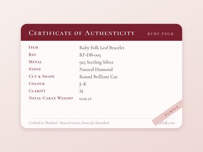 Sample Ruby Folk certificate of authenticity card
