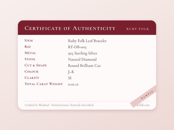 Sample certificate of authenticity card for the Ruby Folk Leaf Bracelet