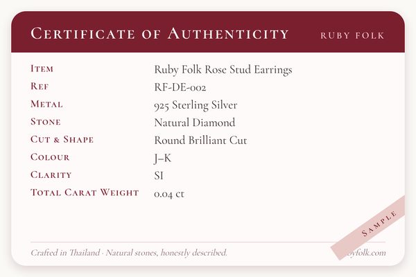 Sample certificate of authenticity card for the Rose Stud Earrings