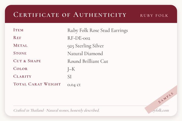 Sample certificate of authenticity card for the Rose Stud Earrings