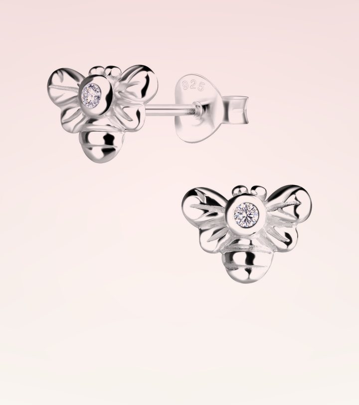 Ruby Folk Bee Stud Earrings in 925 sterling silver with a natural diamond