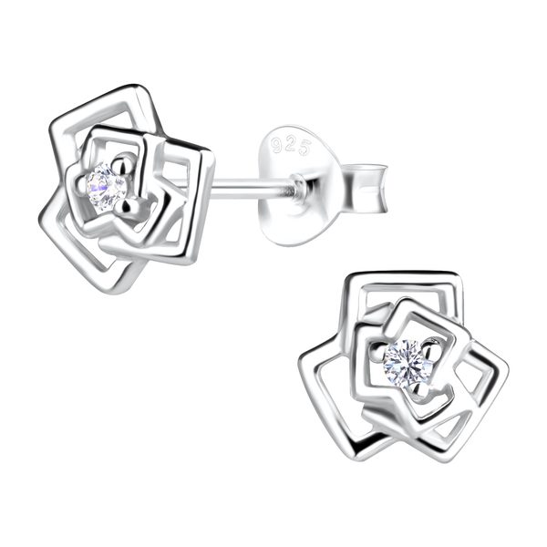 Ruby Folk Rose Stud Earrings in 925 sterling silver with natural diamond