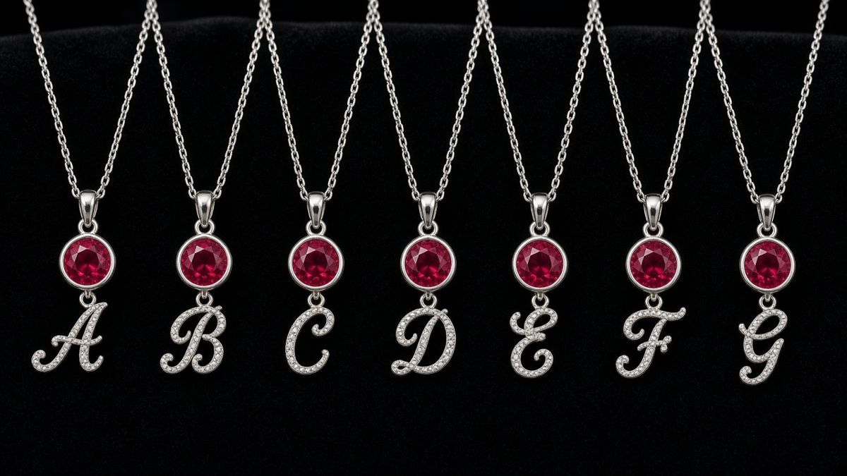 Row of sterling silver initial pendants A to G with red stones