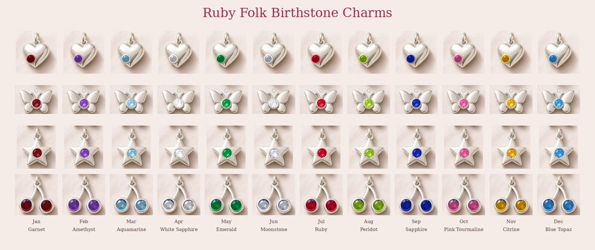 Sterling silver birthstone charms in twelve colours: hearts, bows, stars and cherries